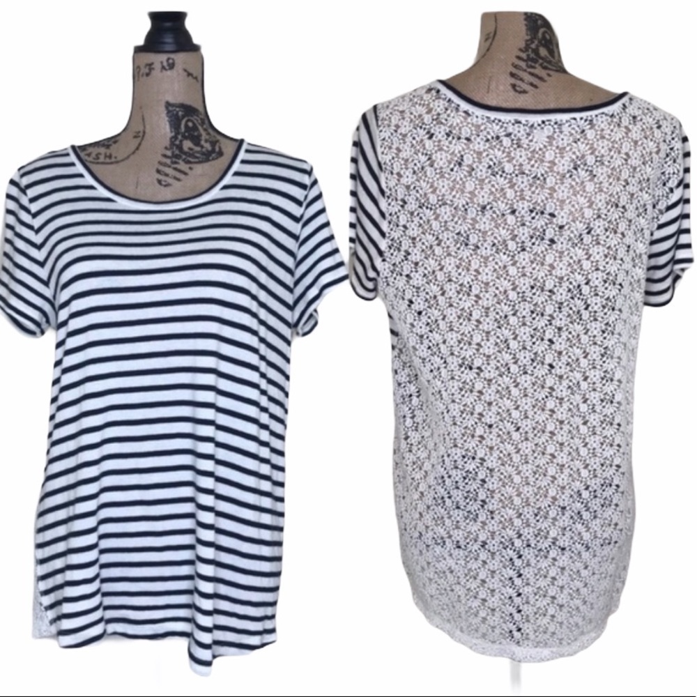 LOFT Striped Floral Lace Back TeeLarge Petite